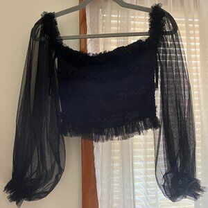 Scrunched Cropped Off Shoulder Top with Sheer Sleeves